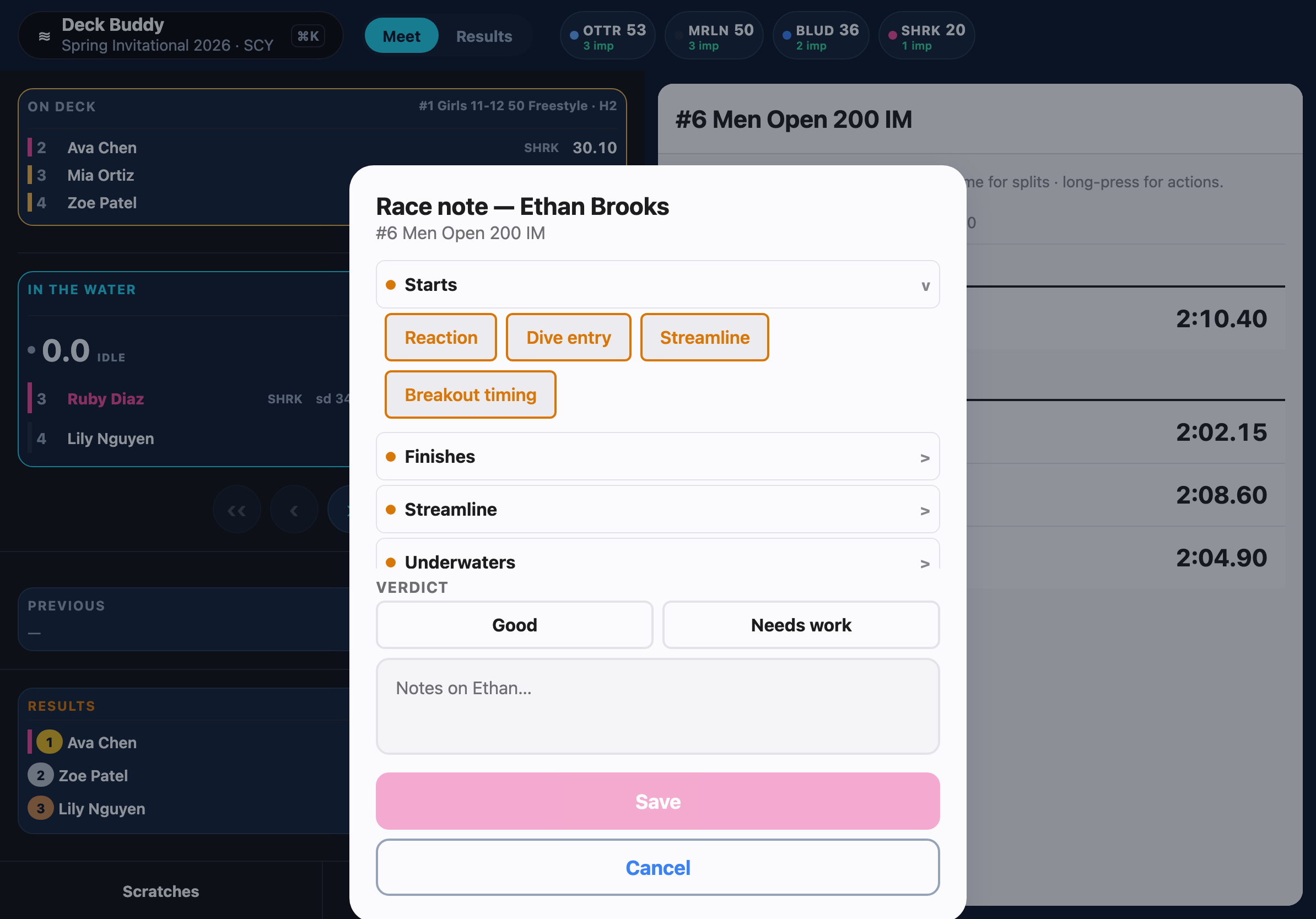 Deck Buddy race note composer with guided nitpick chips and a good / needs-work verdict