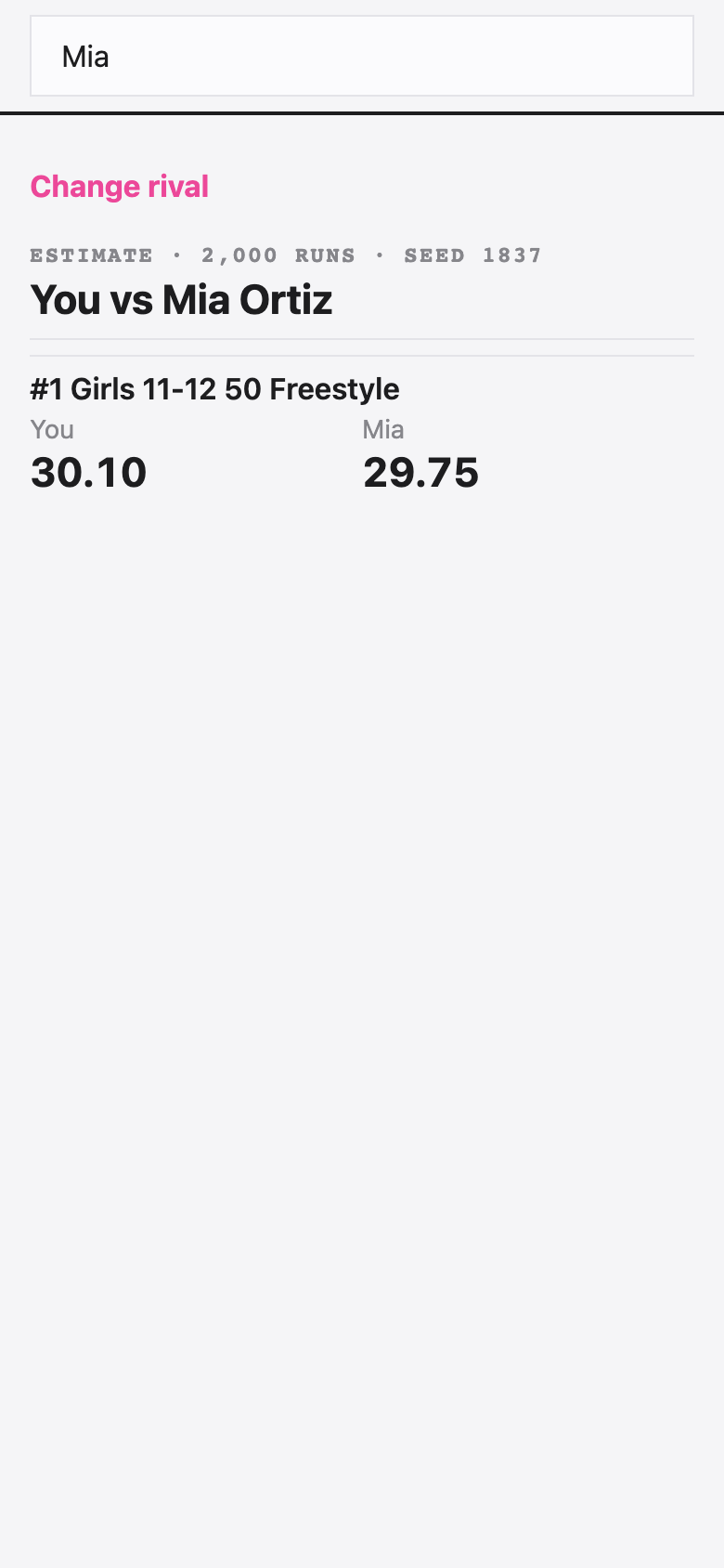 Deck Buddy swimmer app: rival compare with per-event win probability